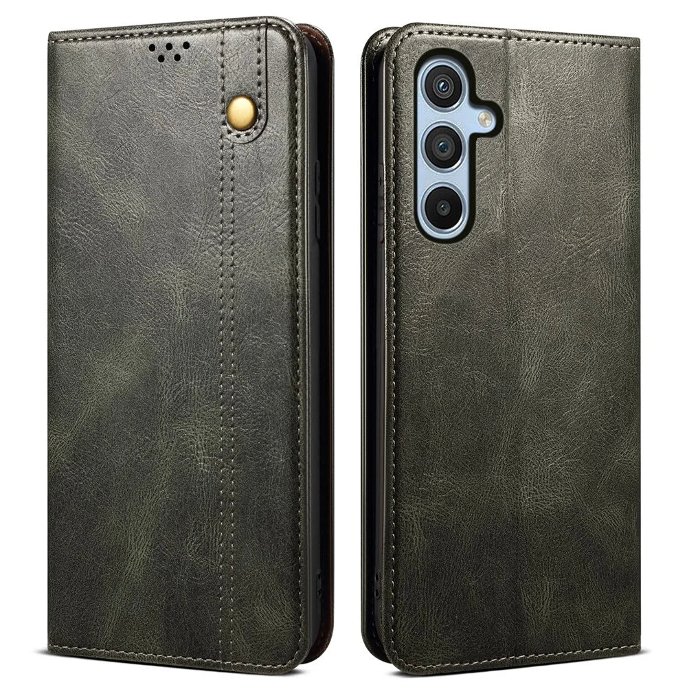 For Samsung Galaxy S24 FE Case Leather Phone Cover Waxy Crazy Horse Texture Magnetic Absorption - Green - 1