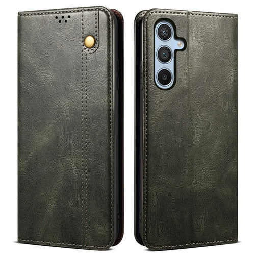 For Samsung Galaxy S24 FE Case Leather Phone Cover Waxy Crazy Horse Texture Magnetic Absorption - Green - 1