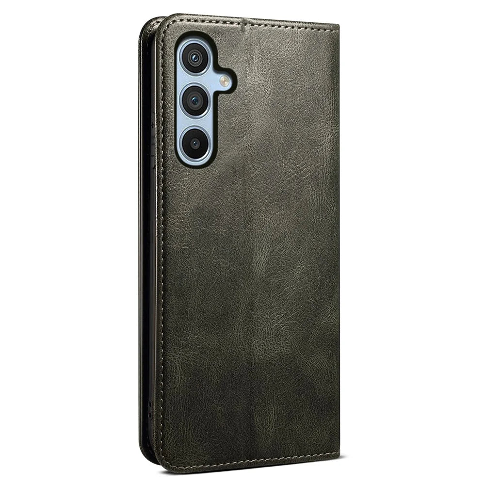 For Samsung Galaxy S24 FE Case Leather Phone Cover Waxy Crazy Horse Texture Magnetic Absorption - Green - 6