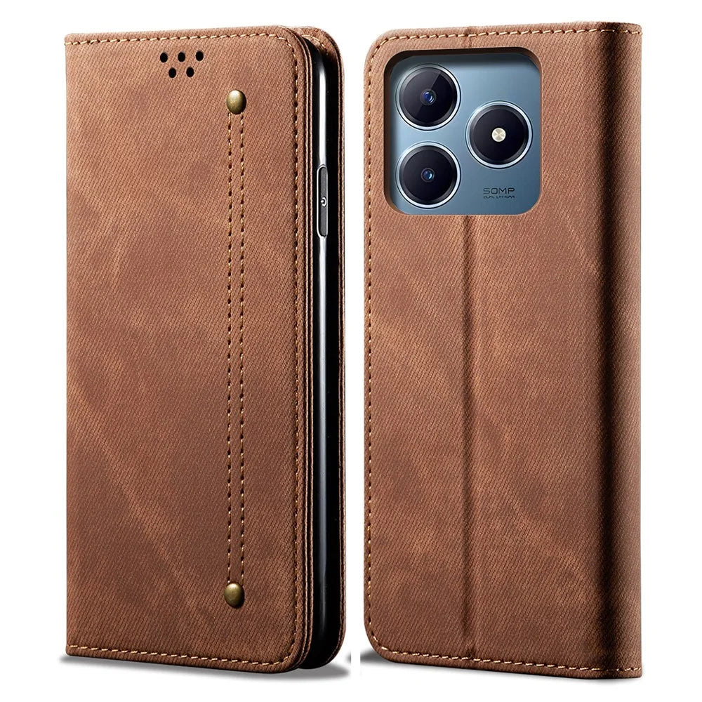 For Realme Note 60x 4G / C63 4G / C61 4G Case Jeans Cloth Texture Leather Wallet Phone Cover Flip Stand - Coffee - 1