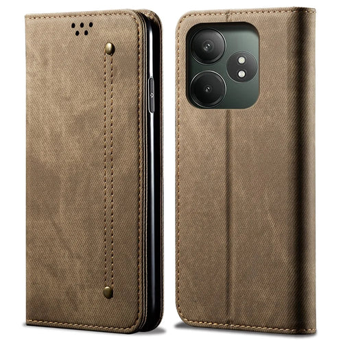 For Realme GT Neo6 SE 5G / GT Neo6 5G / GT 6T 5G / GT 6 5G Case Jeans Cloth Texture Wallet Flip Leather Phone Cover - Khaki - 1