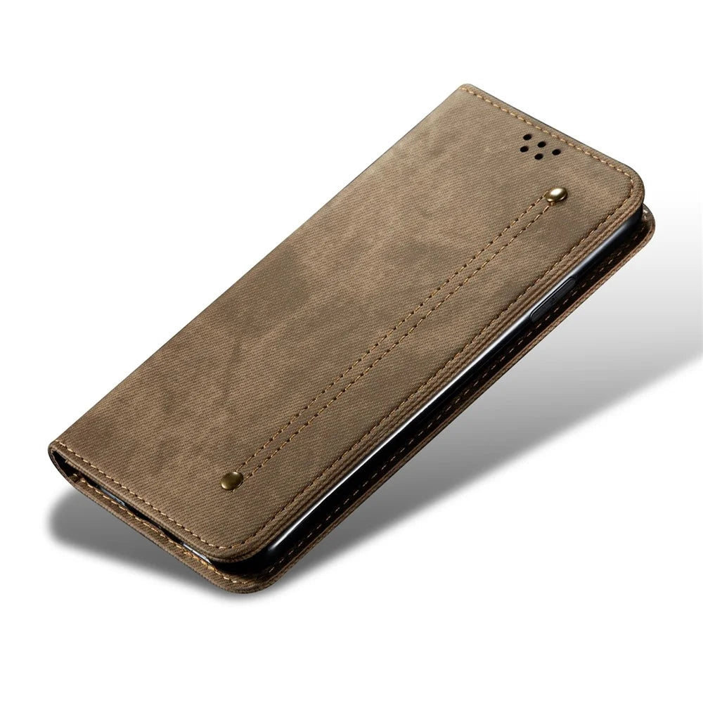 For Realme GT Neo6 SE 5G / GT Neo6 5G / GT 6T 5G / GT 6 5G Case Jeans Cloth Texture Wallet Flip Leather Phone Cover - Khaki - 4