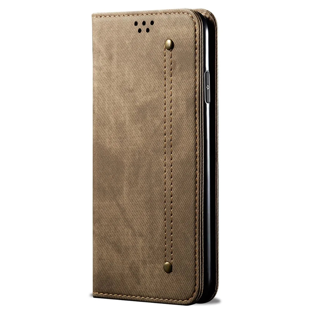 For Realme GT Neo6 SE 5G / GT Neo6 5G / GT 6T 5G / GT 6 5G Case Jeans Cloth Texture Wallet Flip Leather Phone Cover - Khaki - 5