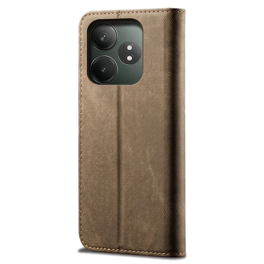 For Realme GT Neo6 SE 5G / GT Neo6 5G / GT 6T 5G / GT 6 5G Case Jeans Cloth Texture Wallet Flip Leather Phone Cover - Khaki - 6