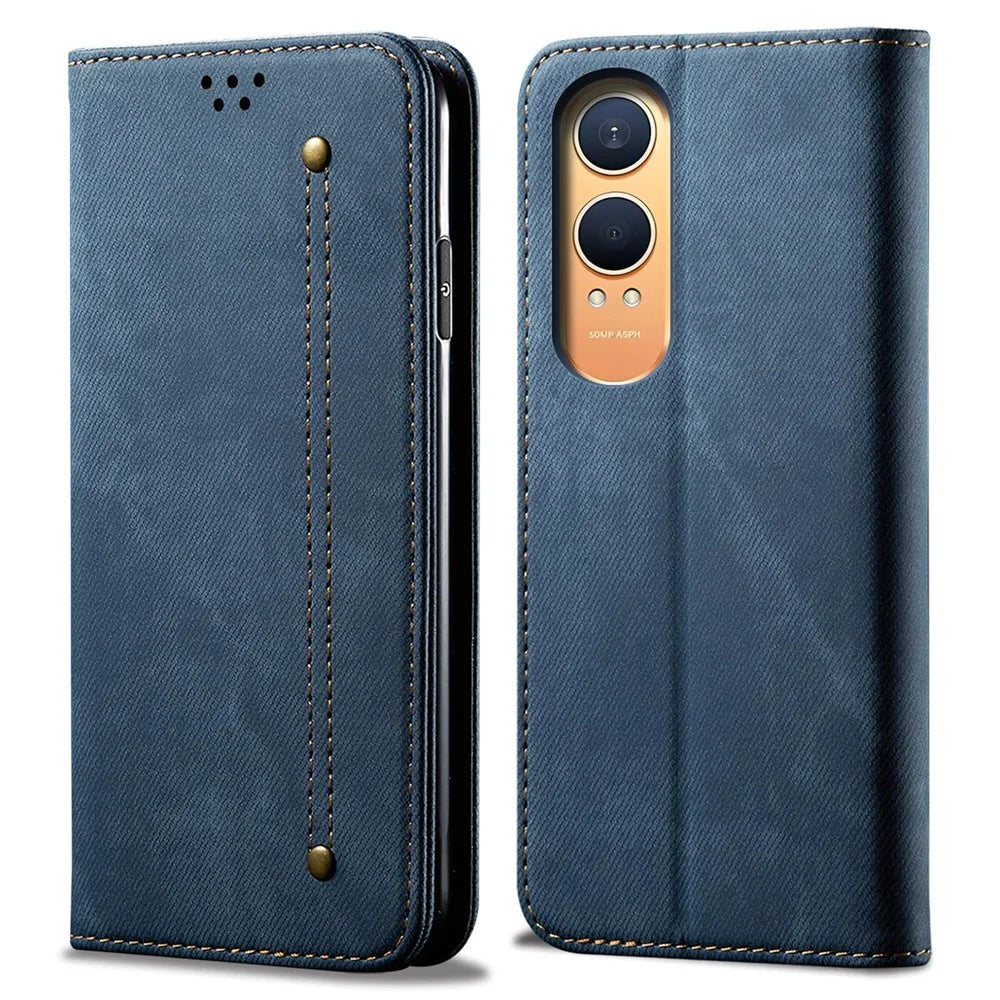 For OnePlus Nord CE4 Lite 5G / Oppo K12x 5G (China) Case Jeans Cloth Texture Leather Wallet Phone Cover - Blue - 1