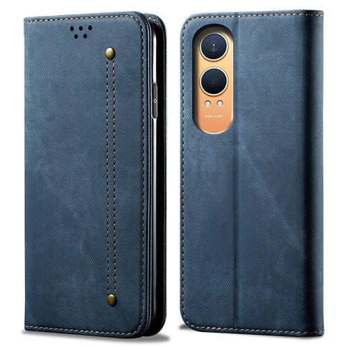 For OnePlus Nord CE4 Lite 5G / Oppo K12x 5G (China) Case Jeans Cloth Texture Leather Wallet Phone Cover - Blue - 1