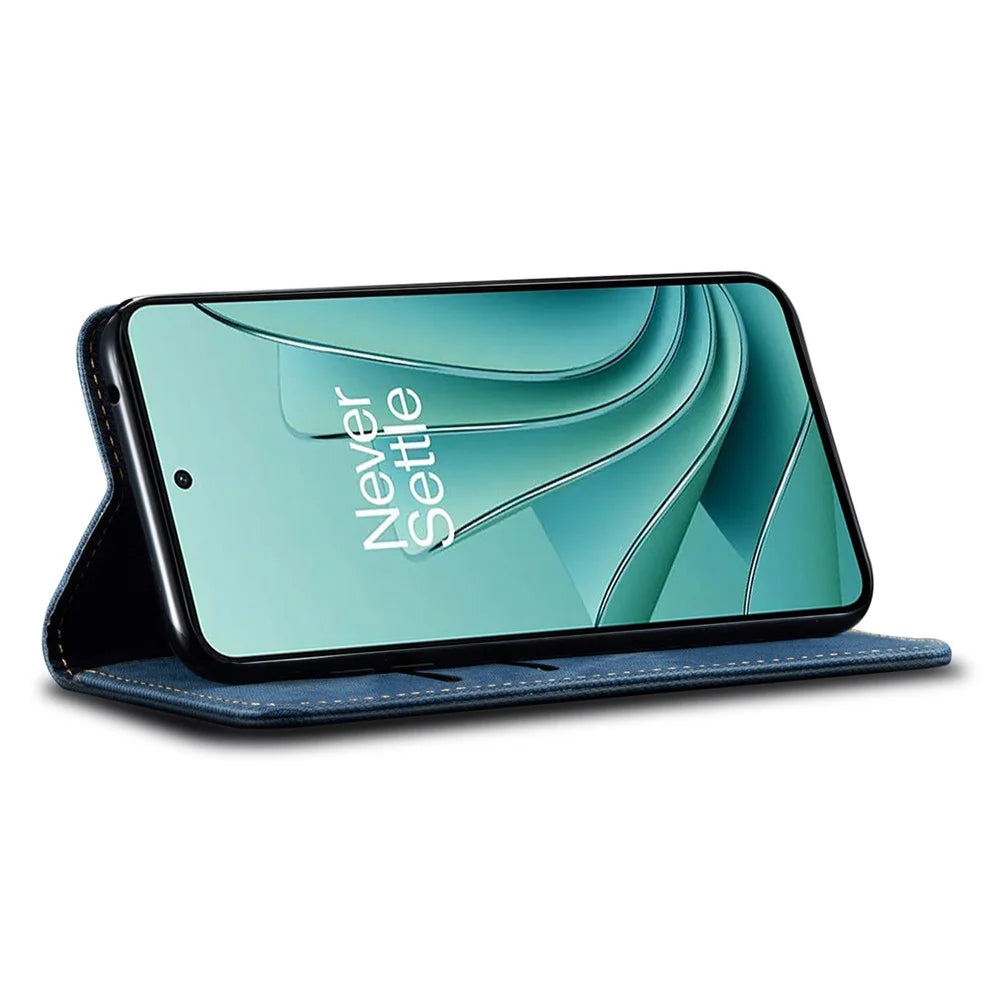 For OnePlus Nord CE4 Lite 5G / Oppo K12x 5G (China) Case Jeans Cloth Texture Leather Wallet Phone Cover - Blue - 3