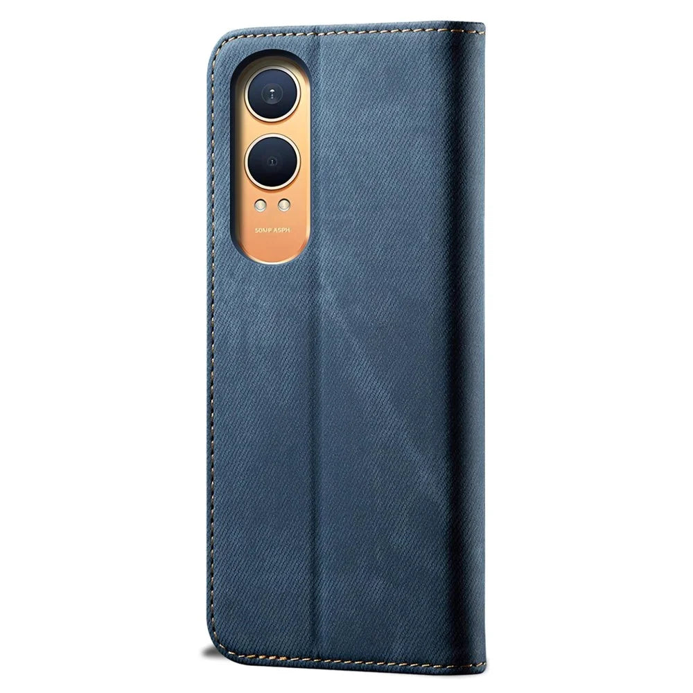 For OnePlus Nord CE4 Lite 5G / Oppo K12x 5G (China) Case Jeans Cloth Texture Leather Wallet Phone Cover - Blue - 6
