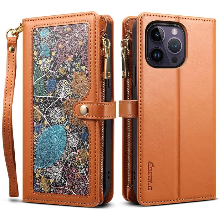 ESEBLE Galaxy Series For iPhone 16 Pro Case Leather Phone Cover with RFID Blocking Wallet - Brown - 1