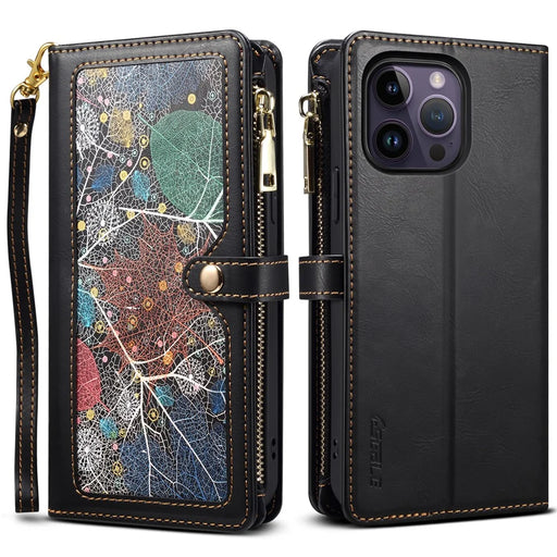 ESEBLE Galaxy Series For iPhone 16 Pro Max Case RFID Blocking Zipper Wallet Leather Phone Cover - Black - 1