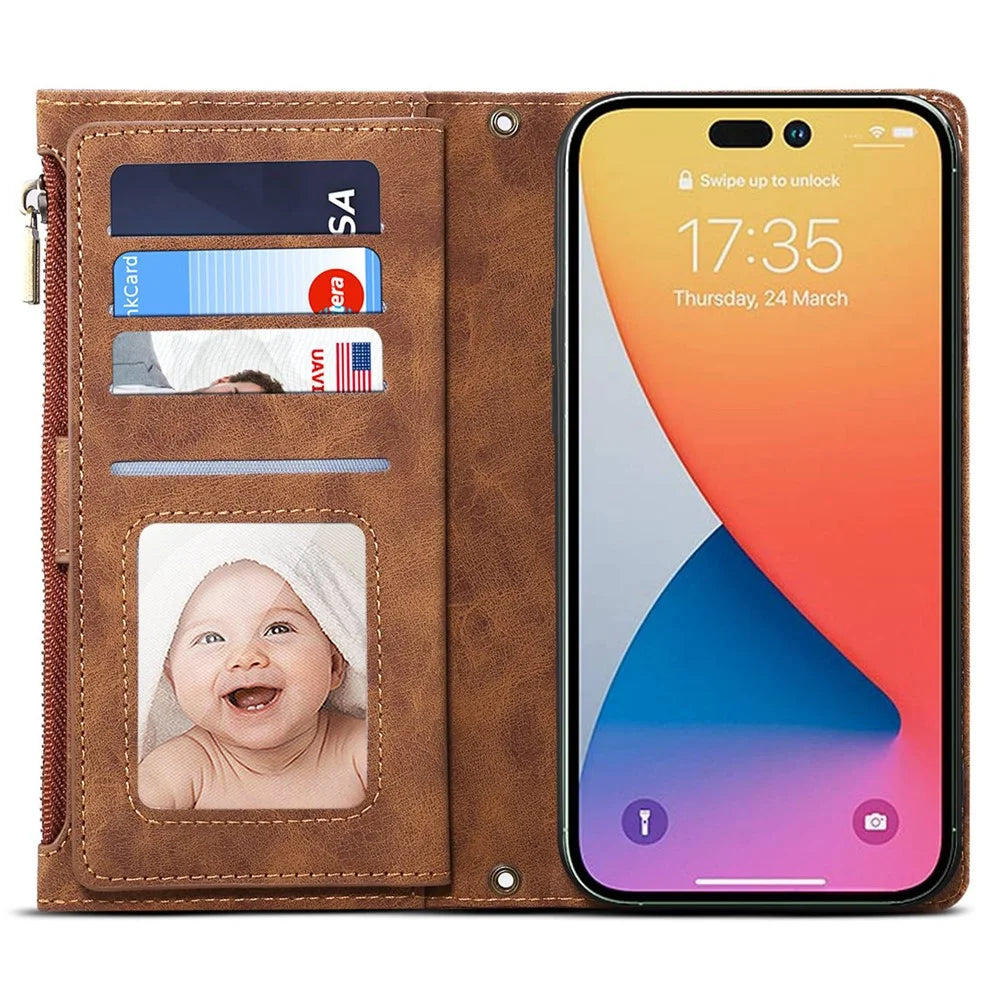 ESEBLE Star Series For iPhone 16 Pro Case Zipper Wallet Leather Stand Phone Cover - Brown - 2
