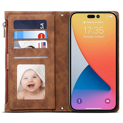 ESEBLE Star Series For iPhone 16 Pro Case Zipper Wallet Leather Stand Phone Cover - Brown - 2