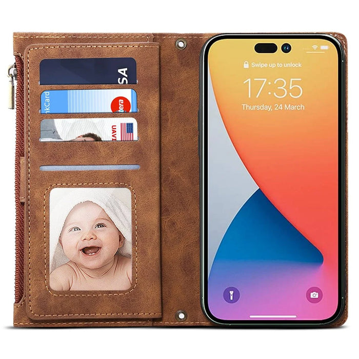 ESEBLE Star Series For iPhone 16 Pro Case Zipper Wallet Leather Stand Phone Cover - Brown - 2