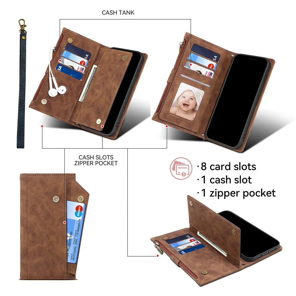 ESEBLE Star Series For iPhone 16 Pro Case Zipper Wallet Leather Stand Phone Cover - Brown - 6