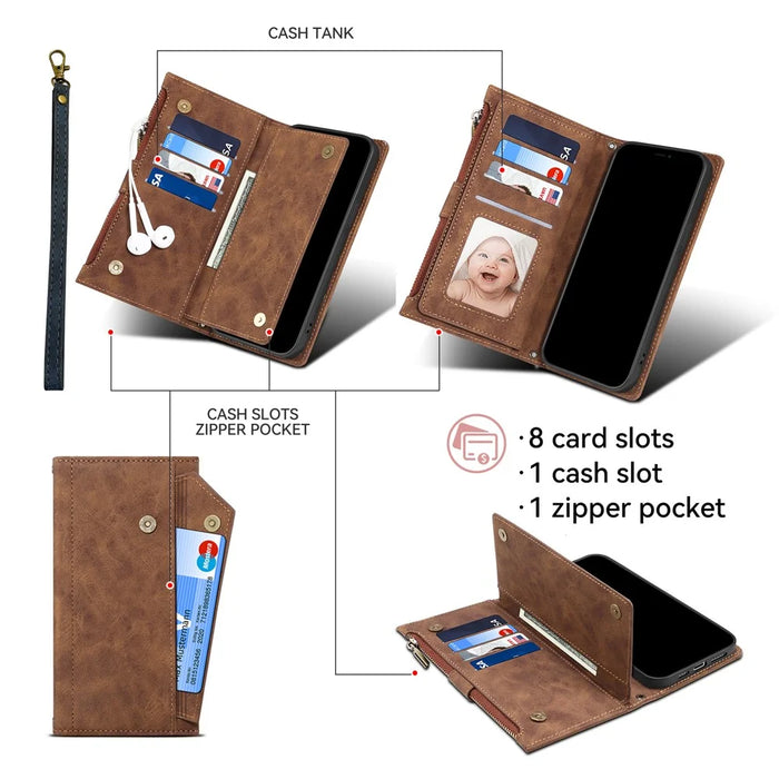ESEBLE Star Series For iPhone 16 Pro Case Zipper Wallet Leather Stand Phone Cover - Brown - 6