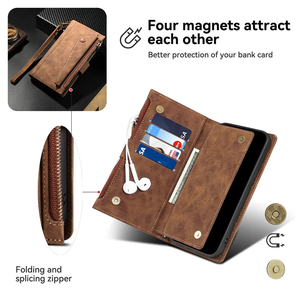 ESEBLE Star Series For iPhone 16 Pro Case Zipper Wallet Leather Stand Phone Cover - Brown - 7