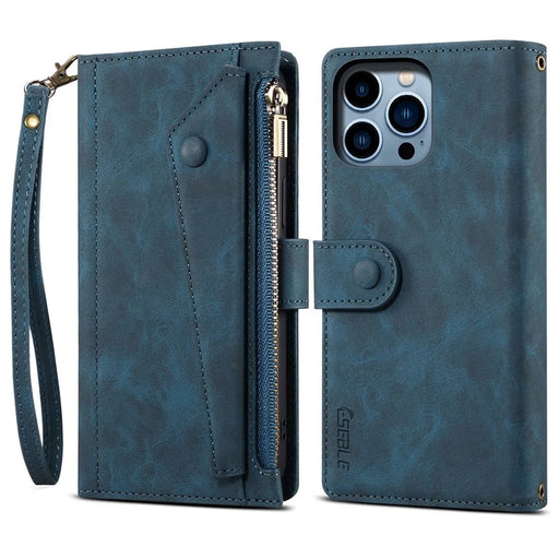 ESEBLE Star Series For iPhone 16 Pro Max Case Zipper Wallet Anti-Drop PU Leather Phone Cover - Blue - 1
