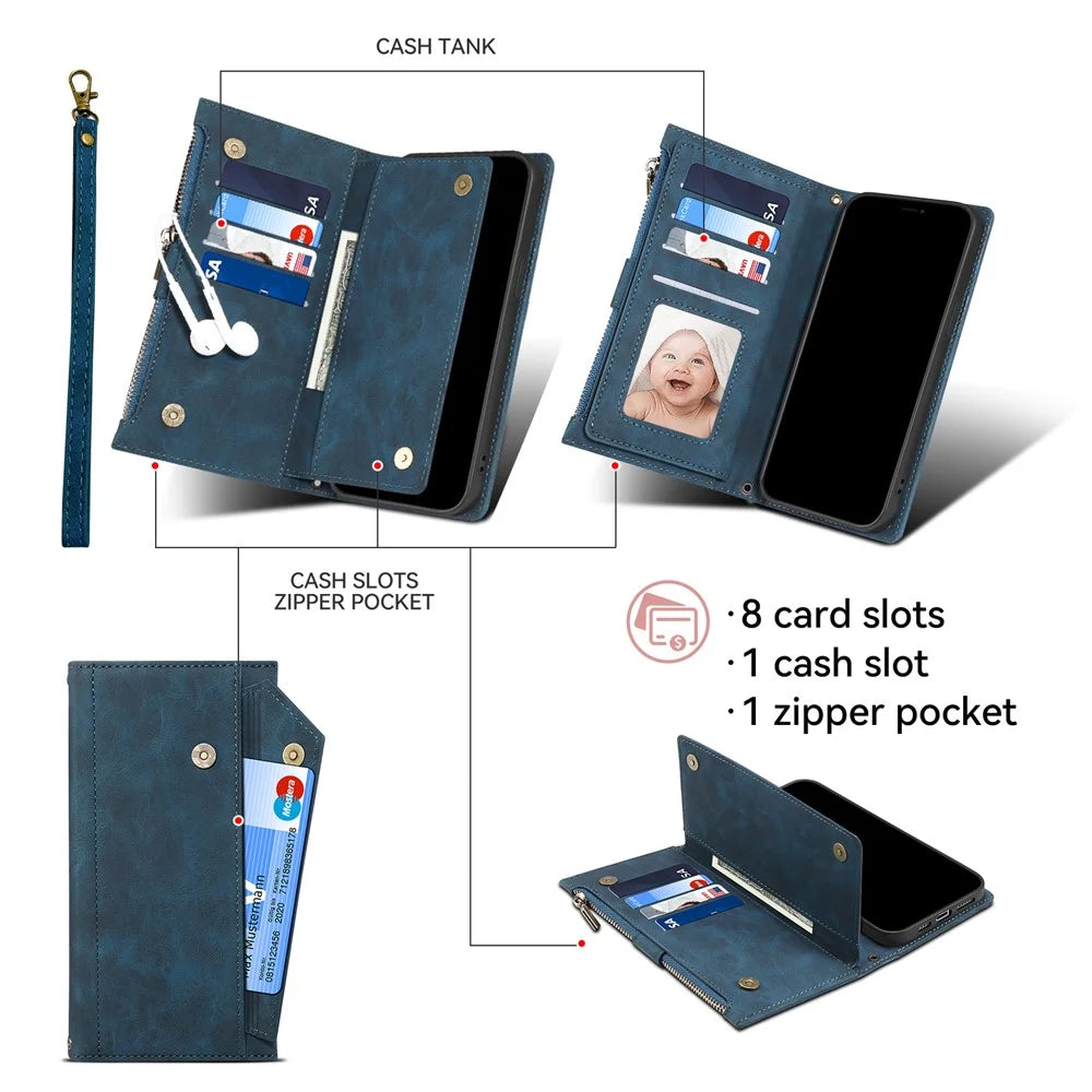 ESEBLE Star Series For iPhone 16 Pro Max Case Zipper Wallet Anti-Drop PU Leather Phone Cover - Blue - 6