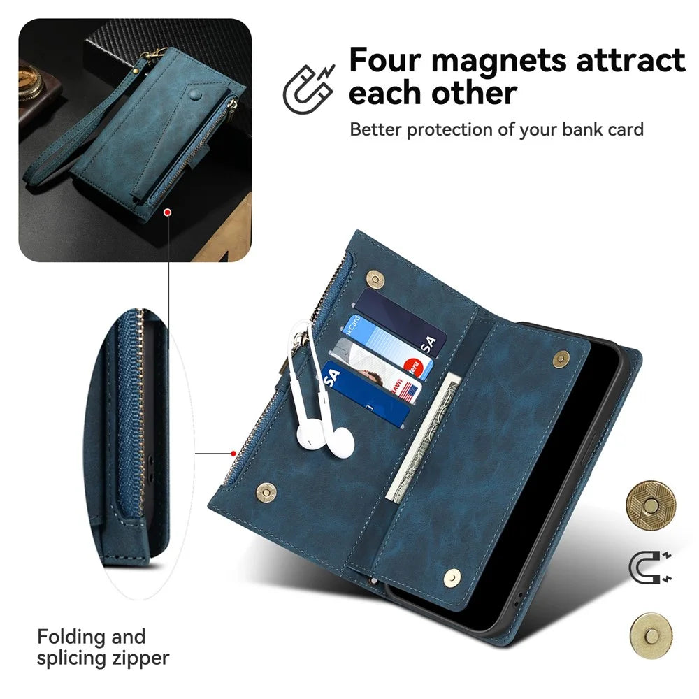 ESEBLE Star Series For iPhone 16 Pro Max Case Zipper Wallet Anti-Drop PU Leather Phone Cover - Blue - 7