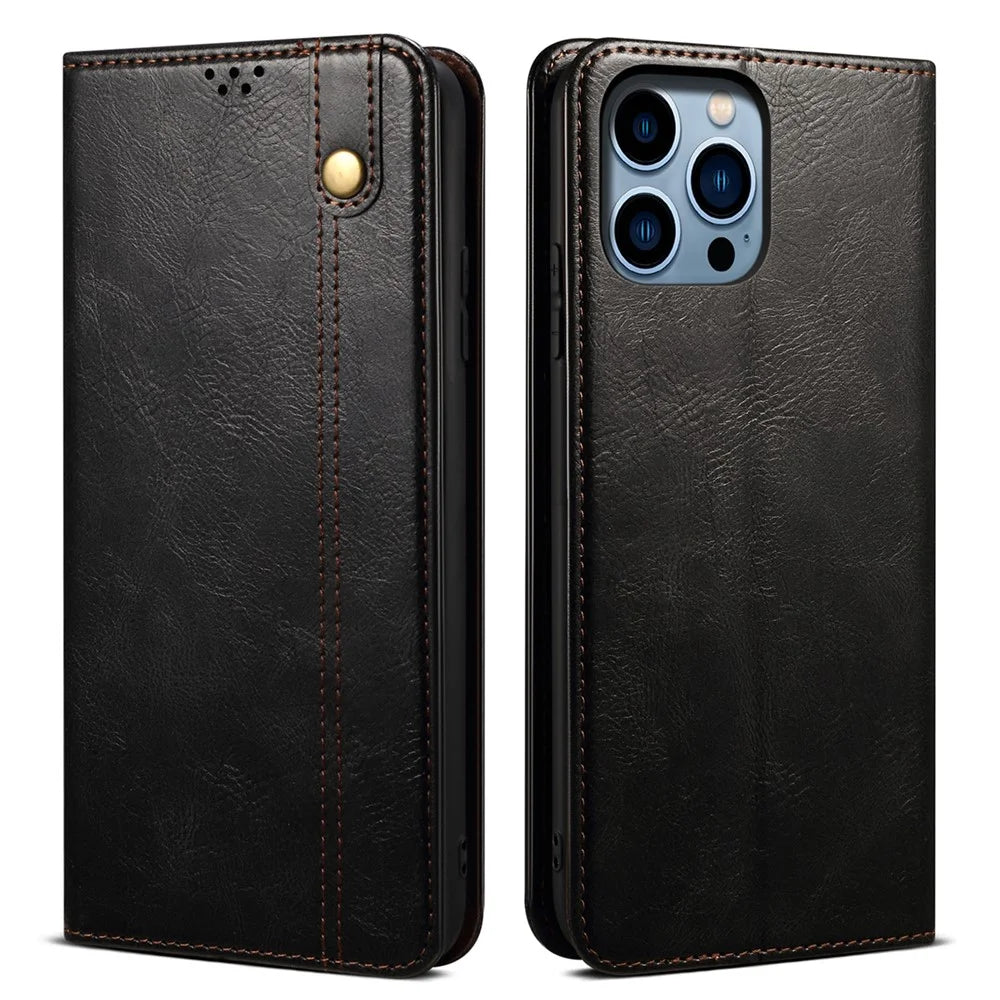 For iPhone 16 Pro Case Crazy Horse Texture Full Protection Waxy Leather Phone Cover - Black - 1