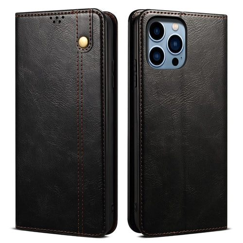 For iPhone 16 Pro Case Crazy Horse Texture Full Protection Waxy Leather Phone Cover - Black - 1