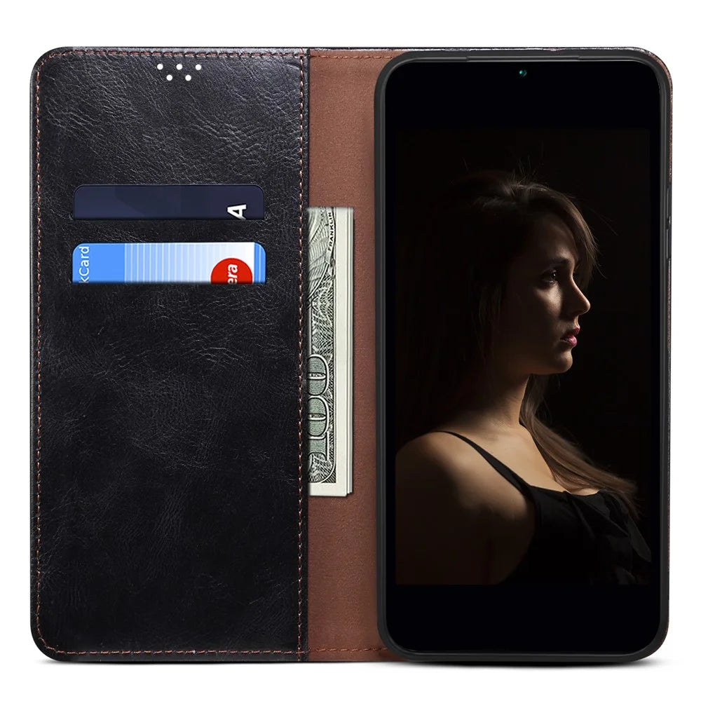 For iPhone 16 Pro Case Crazy Horse Texture Full Protection Waxy Leather Phone Cover - Black - 2