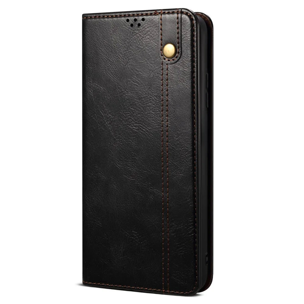 For iPhone 16 Pro Case Crazy Horse Texture Full Protection Waxy Leather Phone Cover - Black - 5