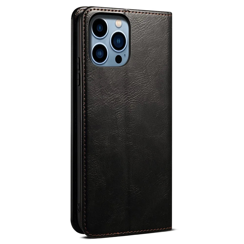For iPhone 16 Pro Case Crazy Horse Texture Full Protection Waxy Leather Phone Cover - Black - 6