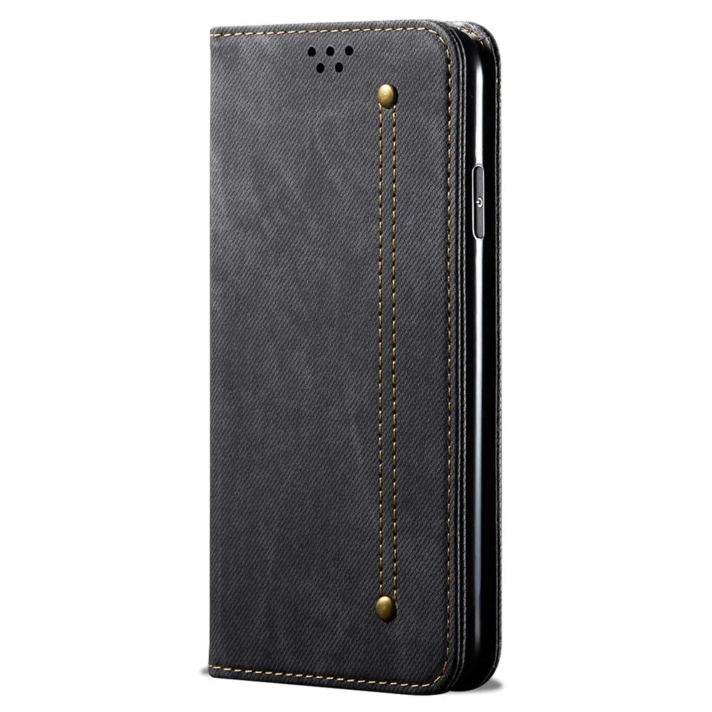 For iPhone 16 Pro Max Case Jeans Cloth Texture Anti-Fall PU Leather Wallet Phone Cover - Black - 5