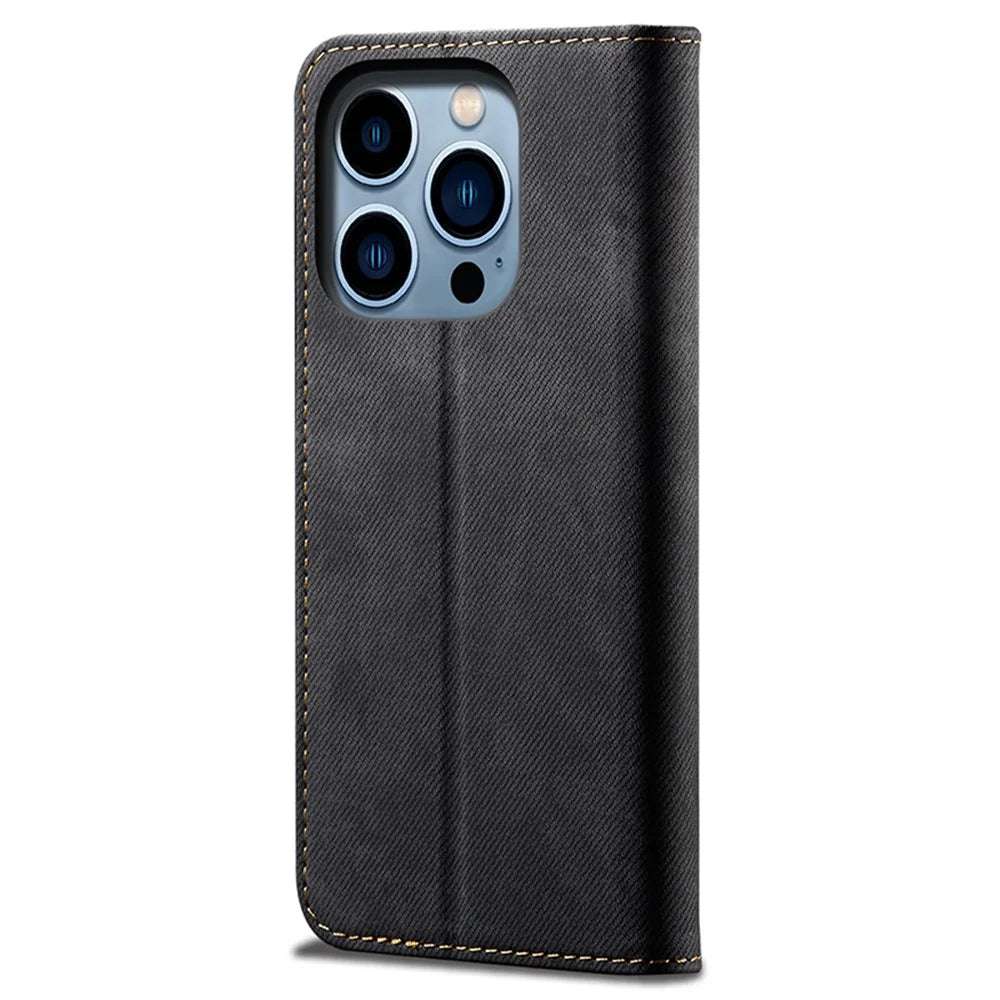 For iPhone 16 Pro Max Case Jeans Cloth Texture Anti-Fall PU Leather Wallet Phone Cover - Black - 6