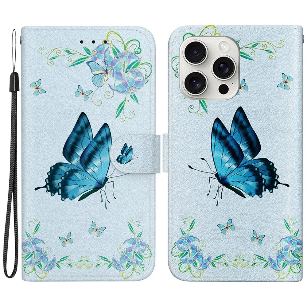 For iPhone 16 Pro Max Case Pattern Print Leather Phone Cover with Wallet - Blue Butterfly Flower - 1