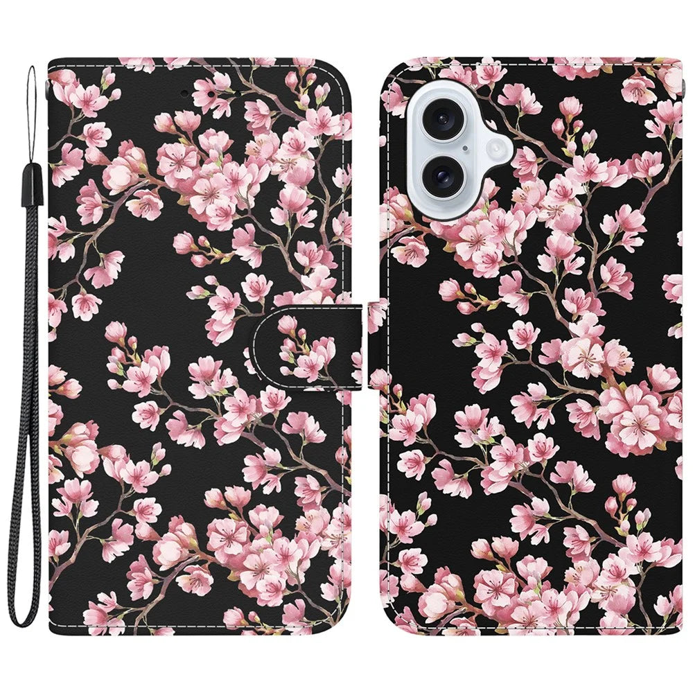 For iPhone 16 Plus Wallet Case Pattern Print Leather Phone Cover - Plum Blossom - 1