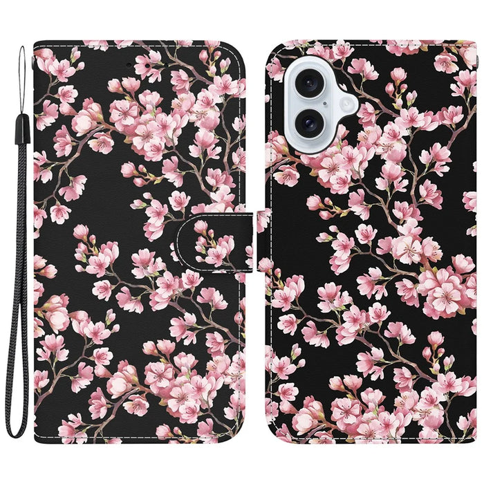 For iPhone 16 Plus Wallet Case Pattern Print Leather Phone Cover - Plum Blossom - 1