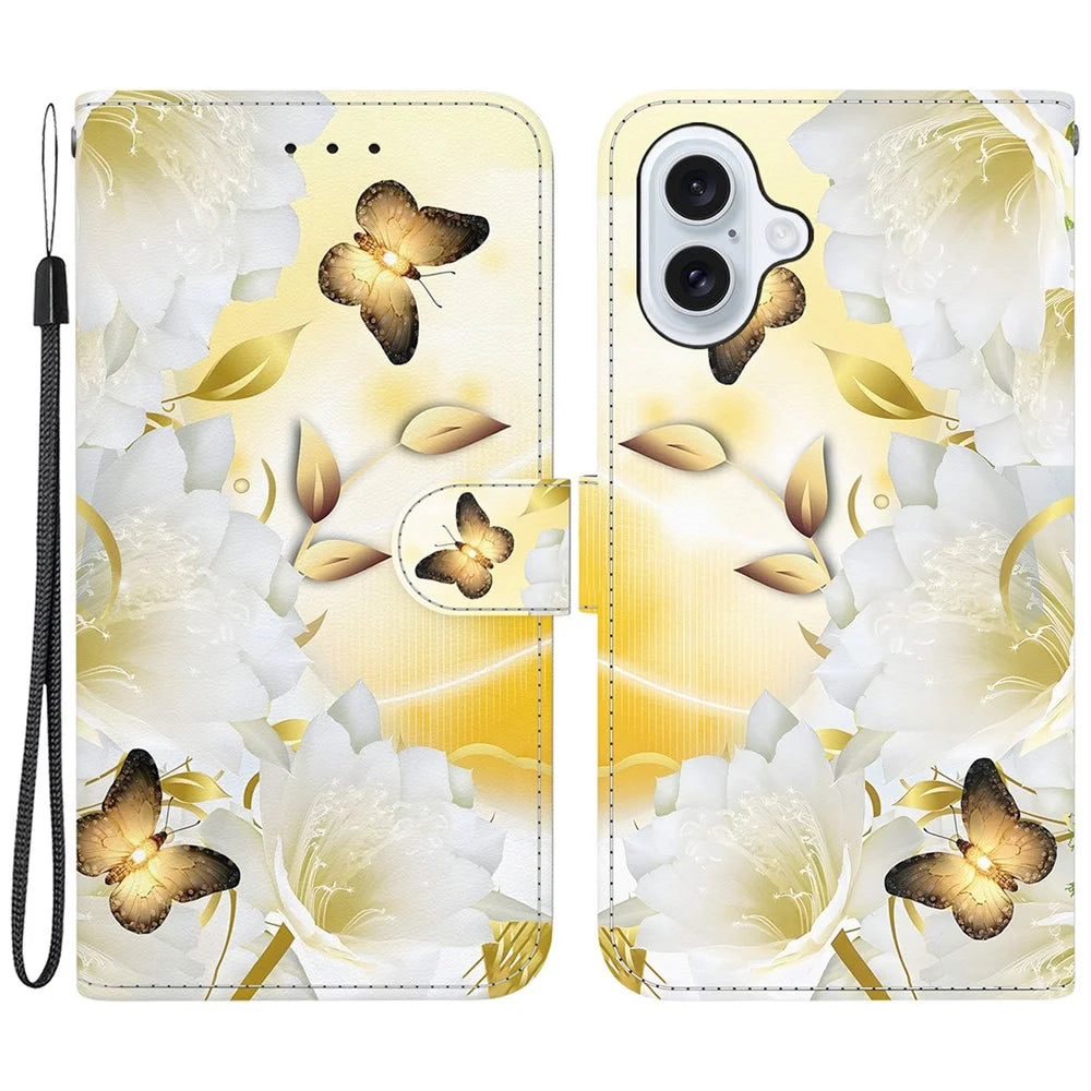 For iPhone 16 Stand Case Pattern Print Leather Wallet Phone Cover - Gold Butterfly Flower - 1