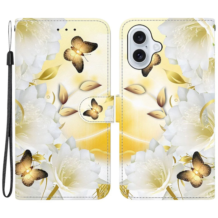 For iPhone 16 Stand Case Pattern Print Leather Wallet Phone Cover - Gold Butterfly Flower - 1