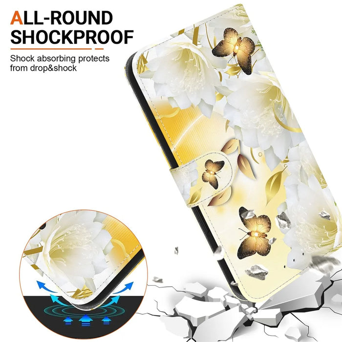 For iPhone 16 Stand Case Pattern Print Leather Wallet Phone Cover - Gold Butterfly Flower - 4