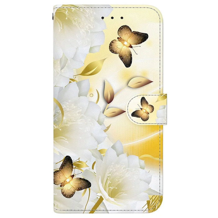 For iPhone 16 Stand Case Pattern Print Leather Wallet Phone Cover - Gold Butterfly Flower - 7