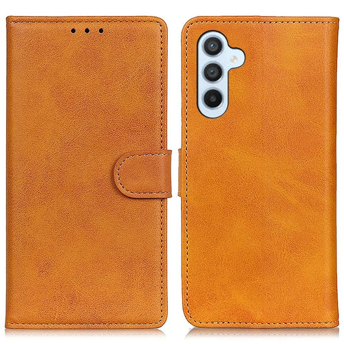 For Samsung Galaxy S24 FE Stand Case Cowhide Texture Leather Phone Cover - Brown - 1