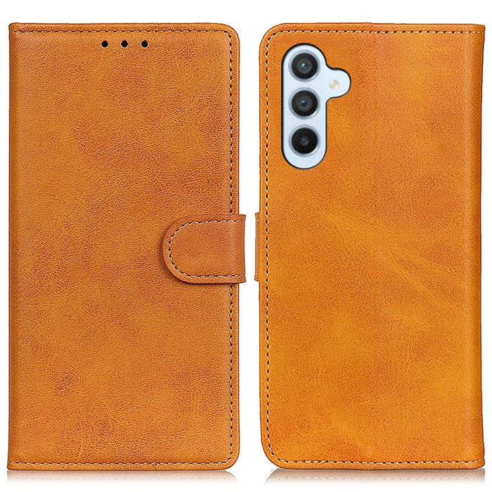 For Samsung Galaxy S24 FE Stand Case Cowhide Texture Leather Phone Cover - Brown - 1