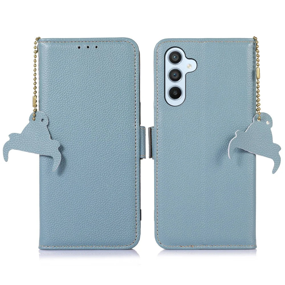 For Samsung Galaxy S24 FE Phone Case RFID Blocking Textured Genuine Cow Leather Flip Cover - Blue - 1
