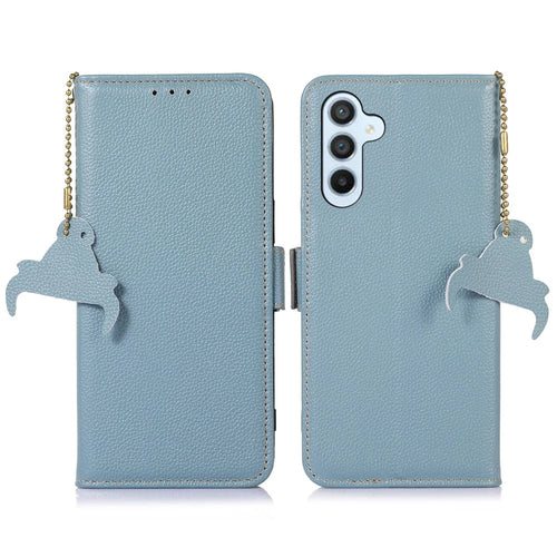 For Samsung Galaxy S24 FE Phone Case RFID Blocking Textured Genuine Cow Leather Flip Cover - Blue - 1