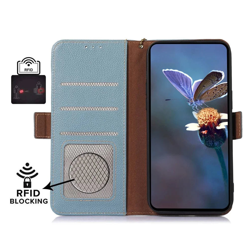 For Samsung Galaxy S24 FE Phone Case RFID Blocking Textured Genuine Cow Leather Flip Cover - Blue - 2