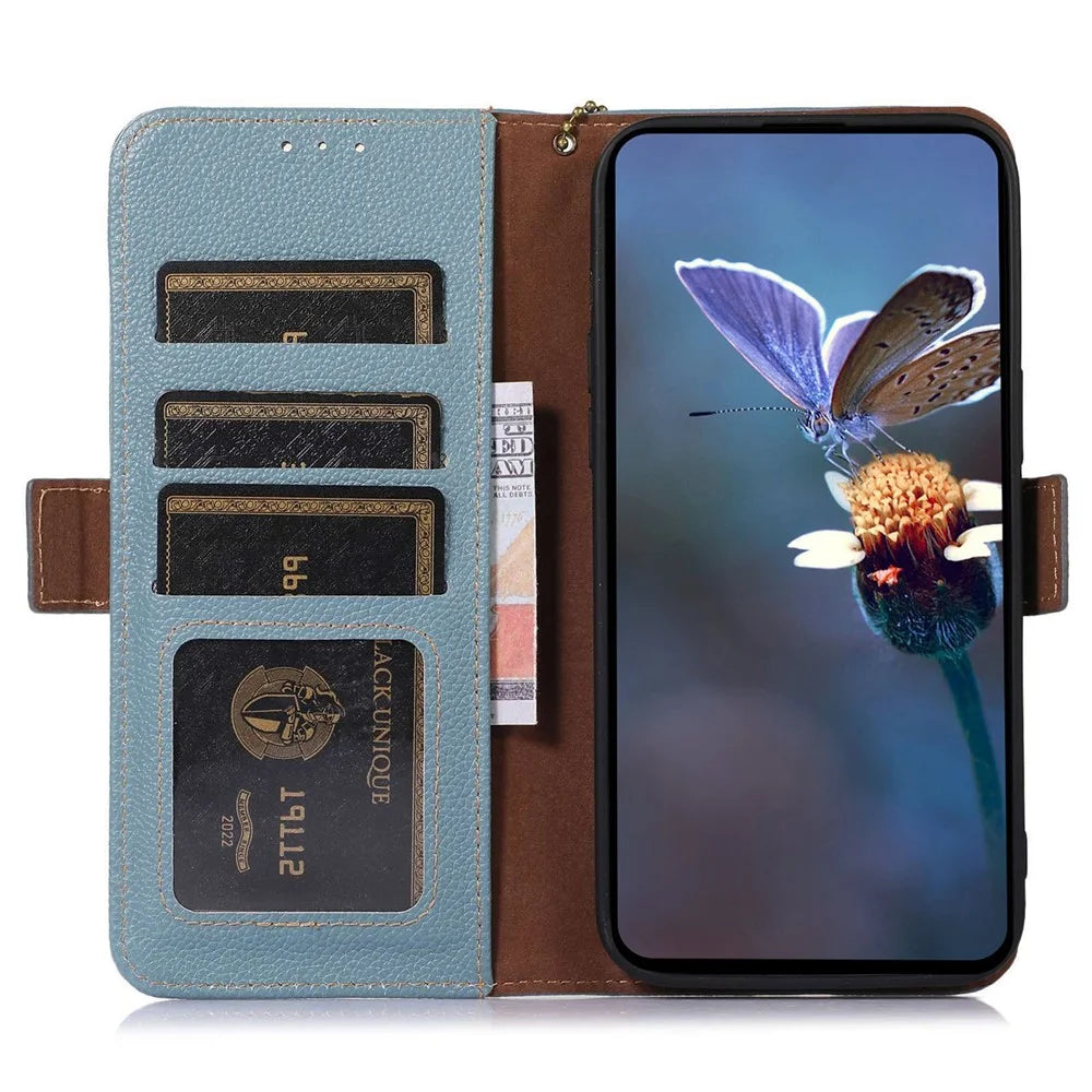 For Samsung Galaxy S24 FE Phone Case RFID Blocking Textured Genuine Cow Leather Flip Cover - Blue - 3