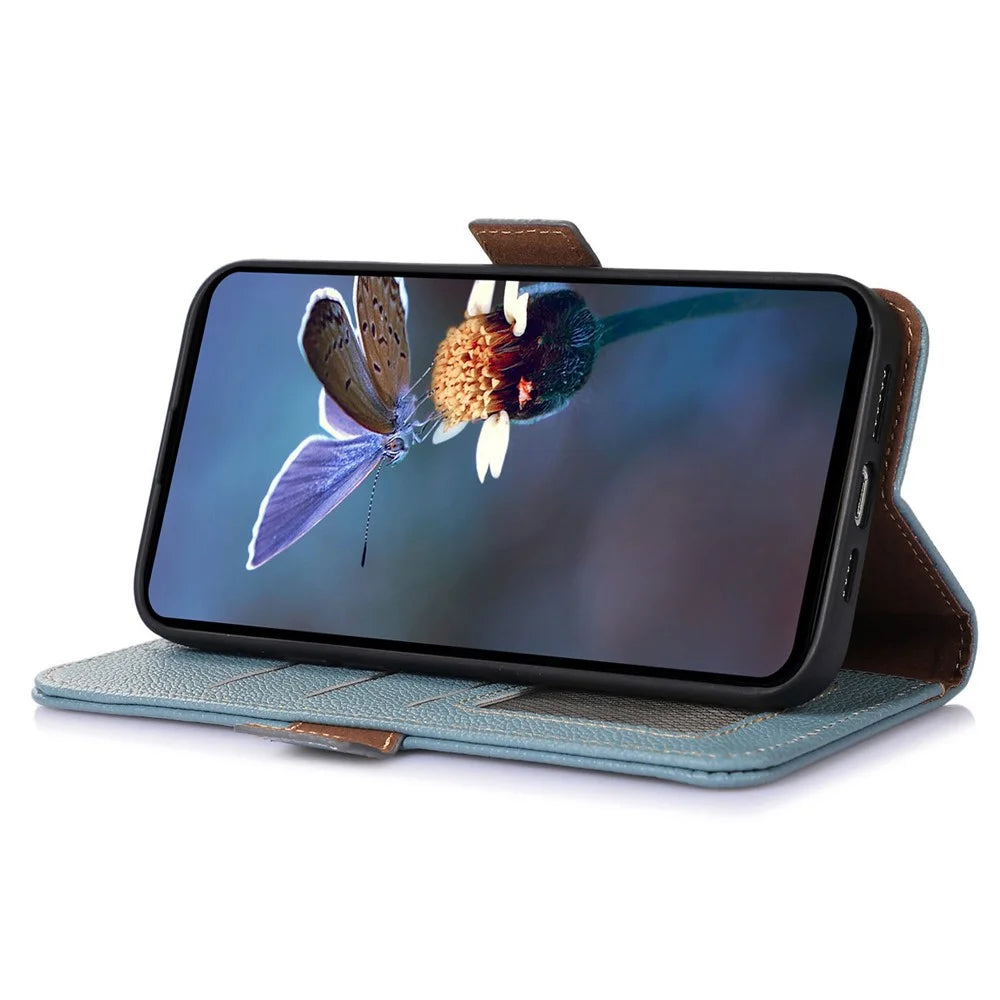 For Samsung Galaxy S24 FE Phone Case RFID Blocking Textured Genuine Cow Leather Flip Cover - Blue - 4