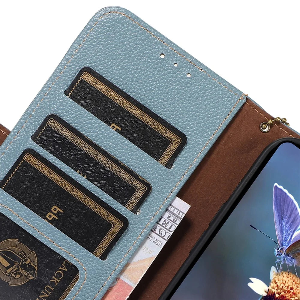 For Samsung Galaxy S24 FE Phone Case RFID Blocking Textured Genuine Cow Leather Flip Cover - Blue - 5