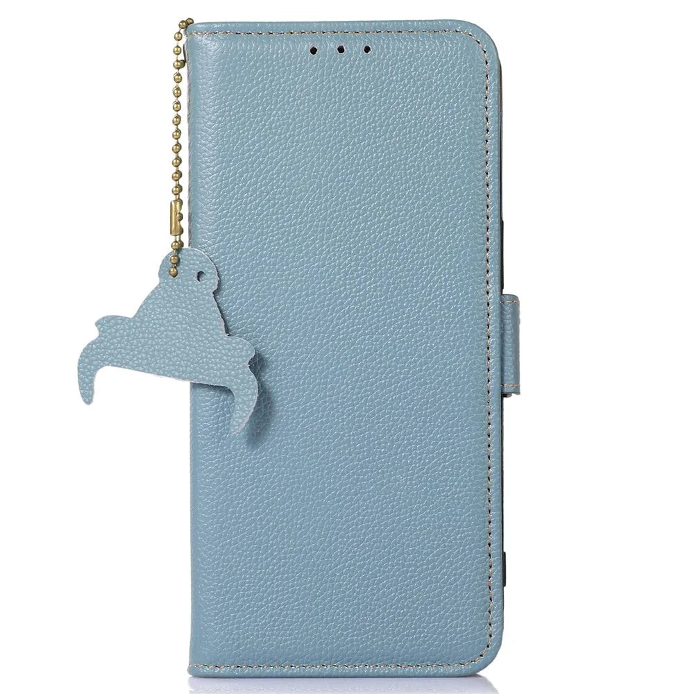 For Samsung Galaxy S24 FE Phone Case RFID Blocking Textured Genuine Cow Leather Flip Cover - Blue - 6