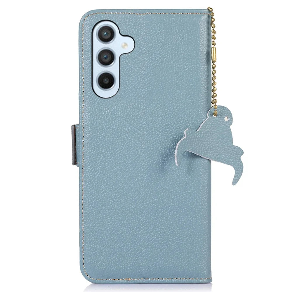 For Samsung Galaxy S24 FE Phone Case RFID Blocking Textured Genuine Cow Leather Flip Cover - Blue - 7