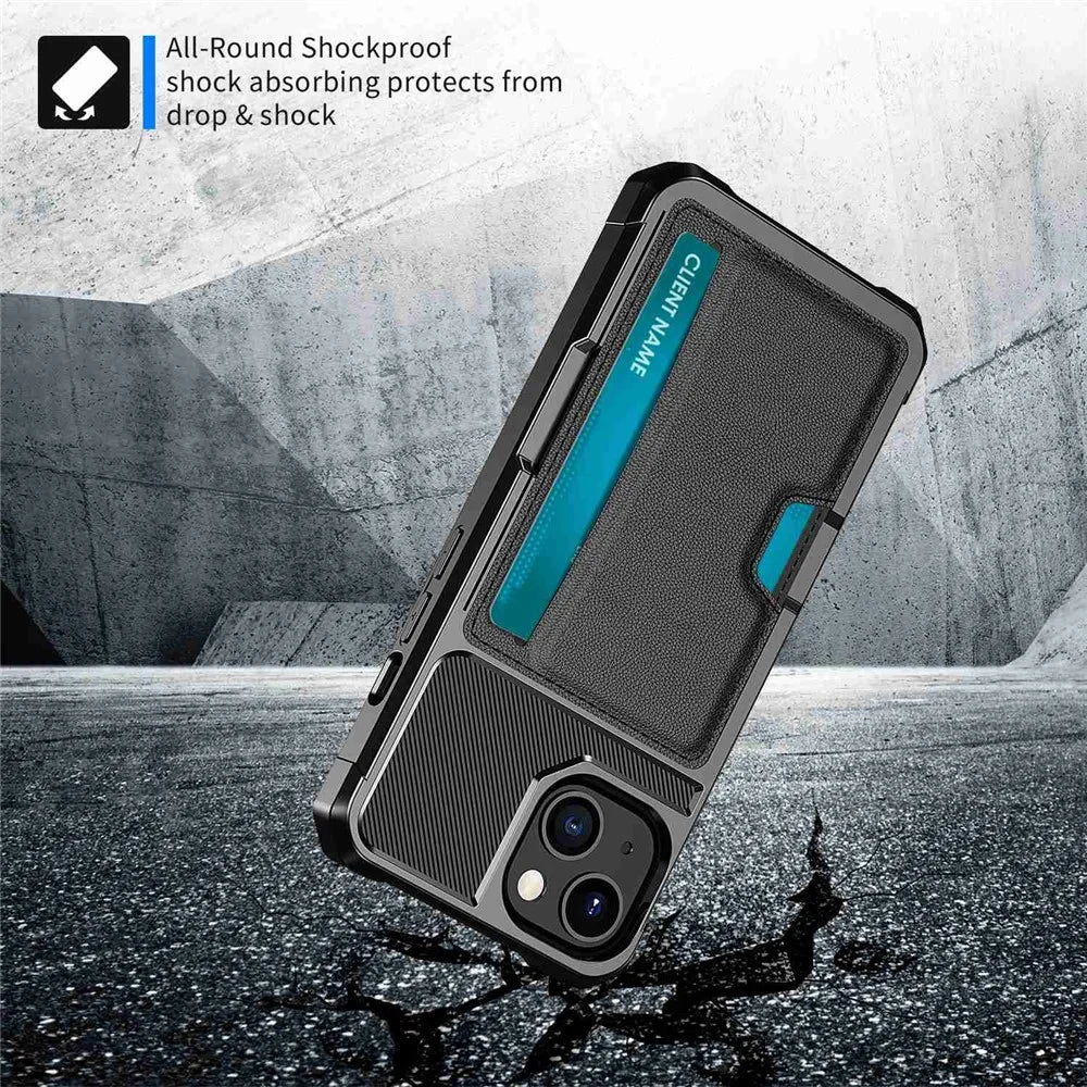 For iPhone 14 ZM02 Card Slot Phone Case Enhanced Corner PU Leather + TPU Cover with Car Mount Metal Sheet - 4