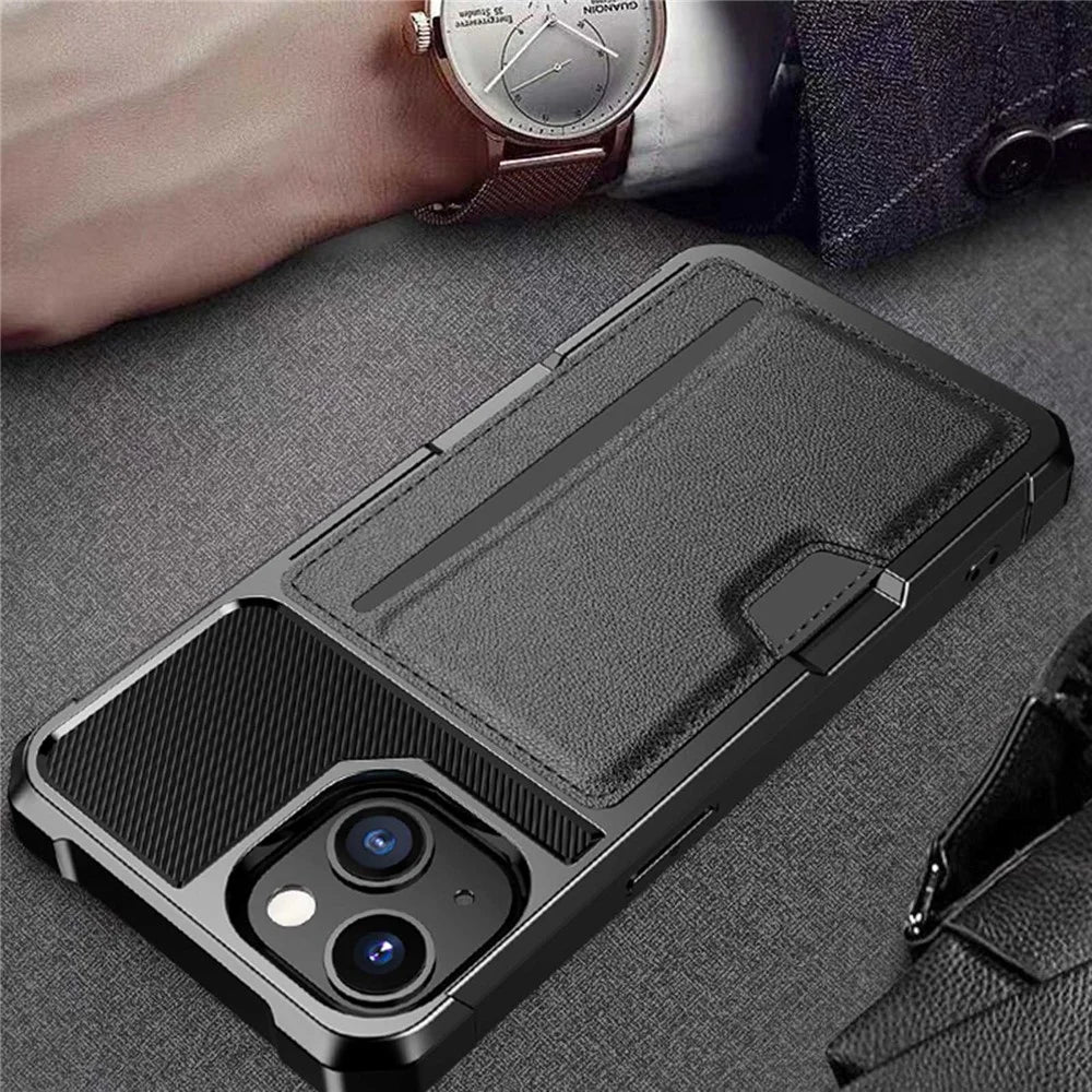 For iPhone 14 ZM02 Card Slot Phone Case Enhanced Corner PU Leather + TPU Cover with Car Mount Metal Sheet - 7