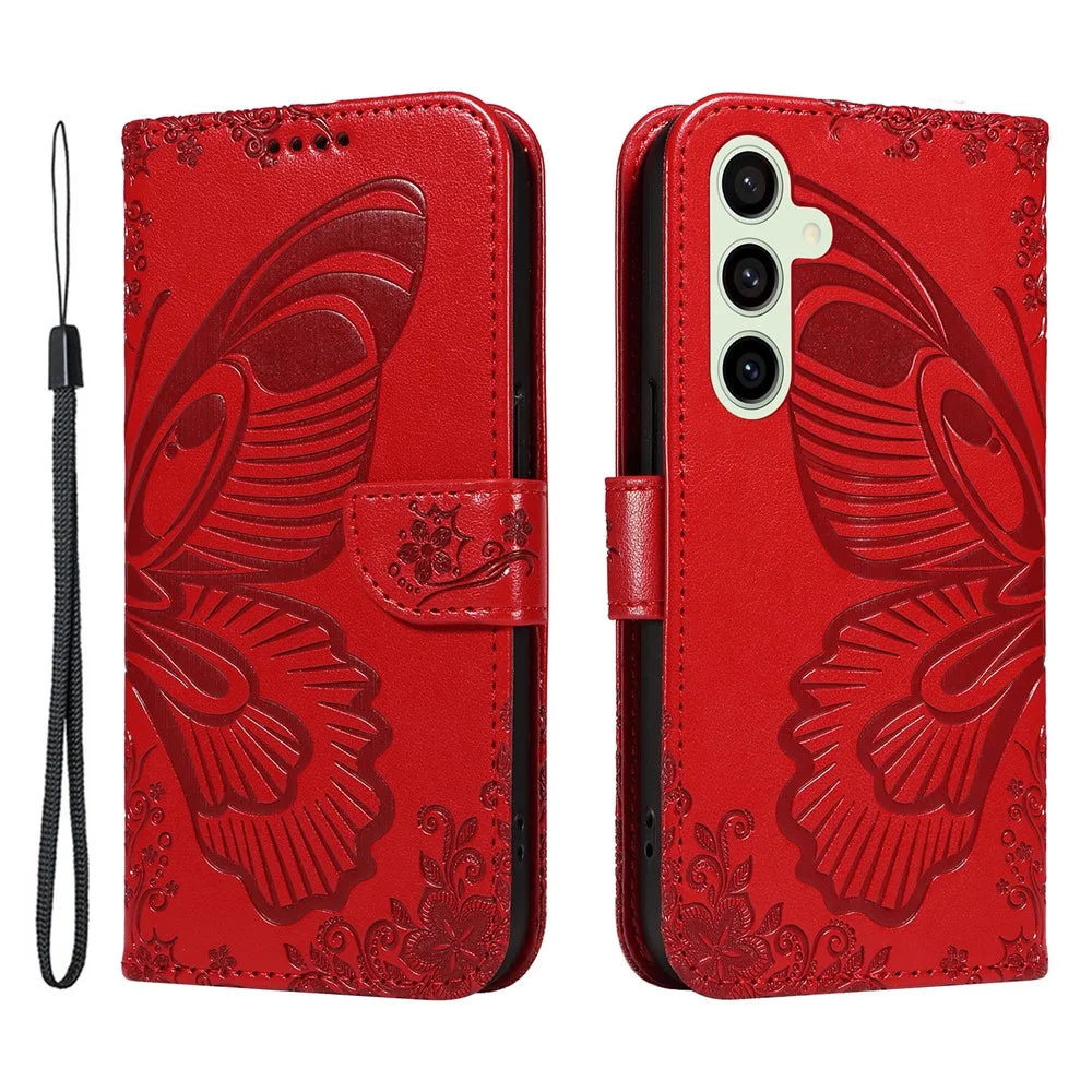 For Samsung Galaxy S24 FE Case Stand PU Leather Wallet Phone Cover Butterfly Pattern - Red - 1